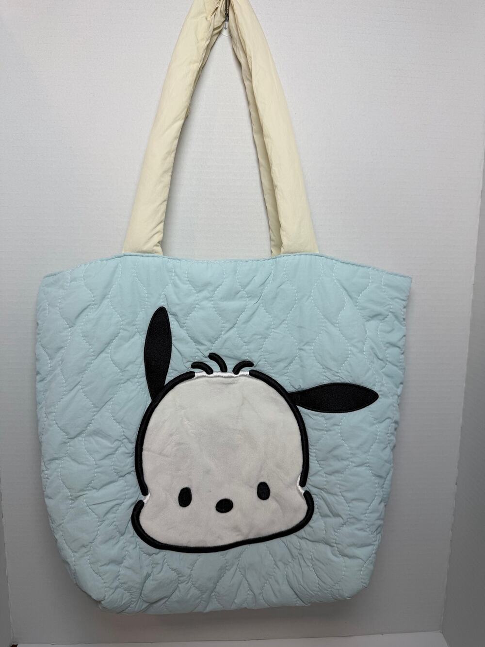 light blue Sanrio Pochacco quilted puffer tote bag